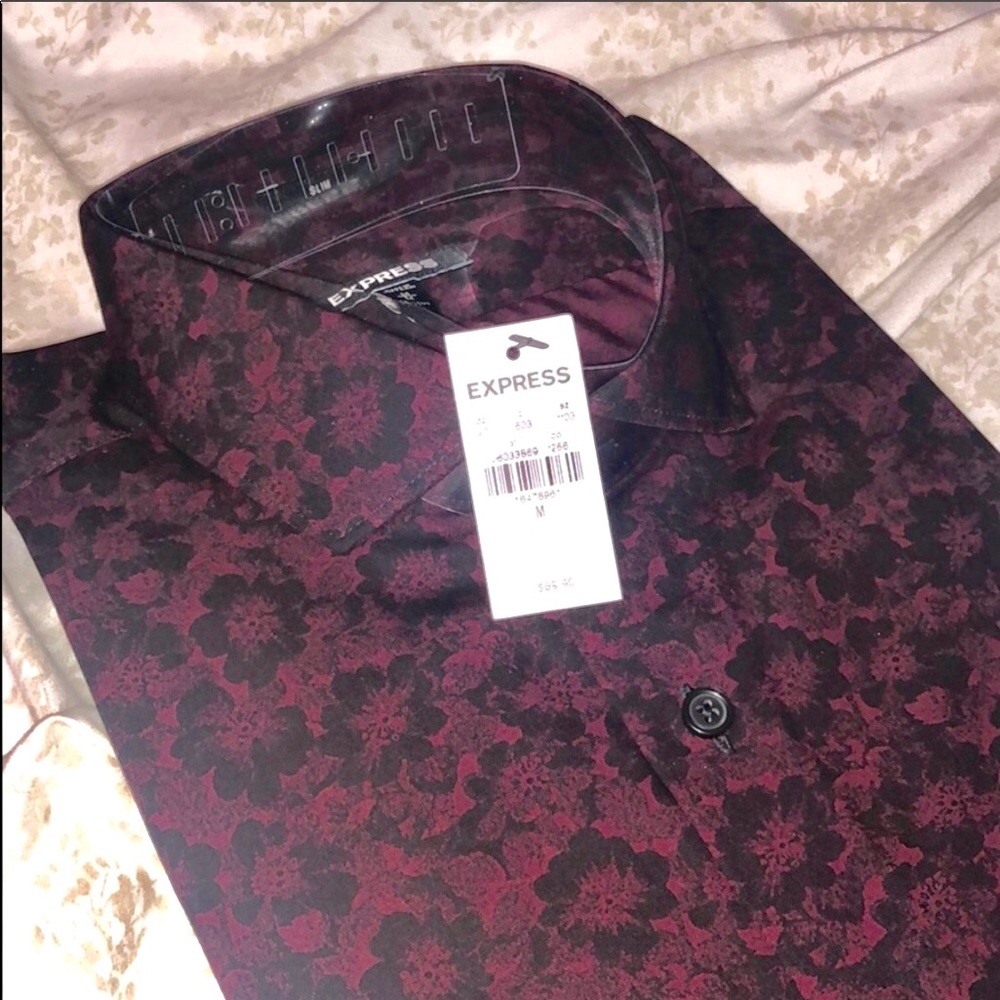 Express Men Black & Burgandy Floral Button Up